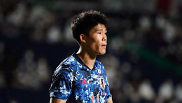 OSAKA, JAPAN - JULY 12: Takehiro Tomiyasu of Japan is seen during the U-24 international friendly match between Japan and Honduras at the Yodoko Sakura Stadium on July 12, 2021 in Osaka, Japan. (Photo by Koji Watanabe/Getty Images)