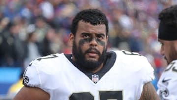 BUFFALO, NY - NOVEMBER 12: Larry Warford #67 of the New Orleans Saints looks on from the sideline during NFL game action against the Buffalo Bills at New Era Field on November 12, 2017 in Buffalo, New York. (Photo by Tom Szczerbowski/Getty Images)