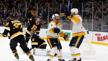 BOSTON, MA - DECEMBER 21: Ryan Ellis #4 of the Nashville Predators celebrates his overtime goal against the Boston Bruins with teammate Ryan Johansen #92 at TD Garden on December 21, 2019 in Boston, Massachusetts. The Predators won 4-3. (Photo by Rich Gagnon/Getty Images)