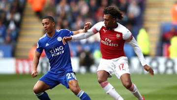 LEICESTER, ENGLAND - APRIL 28: Youri Teilemans of Leicester City battles with Alex Iwobi of Arsenal during the Premier League match between Leicester City and Arsenal FC at The King Power Stadium on April 28, 2019 in Leicester, United Kingdom. (Photo by Marc Atkins/Getty Images)