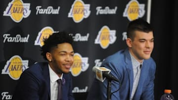 July 5, 2016; El Segundo, CA, USA; Los Angeles Lakers draft picks Ivica Zubac and Brandon Ingram before being introduced to media at Toyota Sports Center. Mandatory Credit: Gary A. Vasquez-USA TODAY Sports