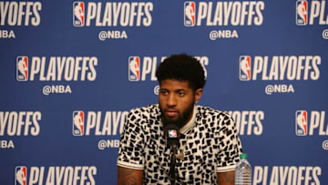 SALT LAKE CITY, UT - APRIL 27: Paul George #13 of the Oklahoma City Thunder speaks to media after game against the Utah Jazz in Game Six of the Western Conference Quarterfinals during the 2018 NBA Playoffs on April 27, 2018 at vivint.SmartHome Arena in Salt Lake City, Utah. Copyright 2018 NBAE (Photo by Melissa Majchrzak/NBAE via Getty Images)