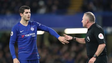 LONDON, ENGLAND - JANUARY 02: Alvaro Morata of Chelsea in discussion with referee Jonathan Moss during the Premier League match between Chelsea FC and Southampton FC at Stamford Bridge on January 2, 2019 in London, United Kingdom. (Photo by Mark Leech/Offside/Getty Images)