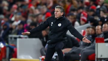 LIVERPOOL, ENGLAND - JANUARY 30: Claude Puel, Manager of Leicester City reacts during the Premier League match between Liverpool FC and Leicester City at Anfield on January 30, 2019 in Liverpool, United Kingdom. (Photo by Clive Brunskill/Getty Images)