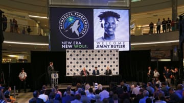 BLOOMINGTON, MN - JUNE 29: Tom Thibobeau introduces Jimmy Butler of the Minnesota Timberwolves to the public during a press conference at the Mall of America on June 29, 2017 in Bloomington, Minnesota. NOTE TO USER: User expressly acknowledges and agrees that, by downloading and or using this Photograph, user is consenting to the terms and conditions of the Getty Images License Agreement. Mandatory Copyright Notice: Copyright 2017 NBAE (Photo by Gary Dineen/NBAE via Getty Images)