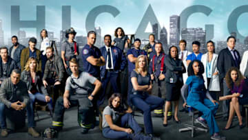 CHICAGO FRANCHISE -- Season: 2015 -- Pictured: (l-r) "Chicago P.D." top row; Marina Squerciati as Officer Kim Burgess, Brian Geraghty as Officer Sean Roman, Jesse Lee Soffer as Detective Jay Halstead, LaRoyce Hawkins as Detective Kevin Atwater, Elias Koteas as Detective Alvin Olinsky, Amy Morton as Desk Sgt. Trudy Platt, Patrick John Flueger as Officer Adam Ruzek bottom row; Jon Seda as Detective Antonio Dawson, Jason Beghe as Sergeant Hank Voight, Sophia Bush as Detective Erin Lindsay; "Chicago Fire", Yuri Sardarov as Brian ?"Otis"? Zvonecek, Jesse Spencer as Matthew Casey, Taylor Kinney as Kelly Severide, Eamonn Walker as Chief Wallace Boden, Dora Madison Burge as Jessica ?Chill? Clinton, Monica Raymund as Gabriela Dawson, Kara Killmer as Sylvie Brett, Joe Minoso as Joe Cruz, Christian Stolte as Randy ?Mouch? McHolland, David Eigenberg as Christopher Herrmann; "Chicago Med" top row: S. Epatha Merkerson as Sharon Goodwin, Nick Gehlfuss as Dr. Will Halstead, Brian Tee as Ethan, Torrey DeVitto as Dr. Lily Manning, Oliver Platt as Dr. Daniel Charles, Colin Donnell as Connor Bradhaw; seated: Yaya DaCosta as Nurse April Sexton, Rachel DiPillo as Dr. Sarah Reese (Photo by: Mark Seliger/NBC)