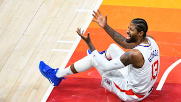 Paul George #13 of the LA Clippers reacts to a call in Game Two of the Western Conference second-round playoff series against the Utah Jazz at Vivint Smart Home Arena on June 10, 2021 in Salt Lake City, Utah. NOTE TO USER: User expressly acknowledges and agrees that, by downloading and/or using this photograph, user is consenting to the terms and conditions of the Getty Images License Agreement. (Photo by Alex Goodlett/Getty Images)