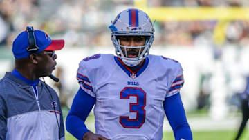Jan 1, 2017; East Rutherford, NJ, USA; Buffalo Bills quarterback EJ Manuel (3) gets instructions from Buffalo Bills interim head coach Anthony Lynn in the game against the New York Jets during the 2nd quarter at MetLife Stadium. Mandatory Credit: Dennis Schneidler-USA TODAY Sports