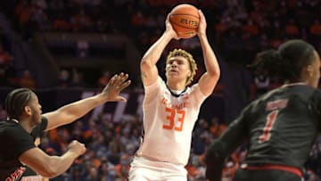 Nov 12, 2021; Champaign, Illinois, USA; Illinois Fighting Illini forward Coleman Hawkins (33) shoots the ball against the Arkansas State Red Wolves in the first half at State Farm Center. Mandatory Credit: Ron Johnson-USA TODAY Sports