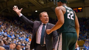 DURHAM, NC - NOVEMBER 29: Head coach Tom Izzo of the Michigan State Spartans talks with Miles Bridges