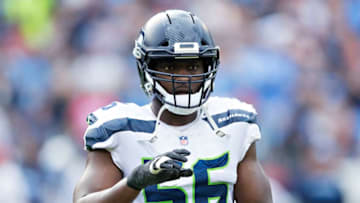 NASHVILLE, TN - SEPTEMBER 24: Cliff Avril #56 of the Seattle Seahawks signals to the sidelines during a game against the Tennessee Titans at Nissan Stadium on September 24, 2017 in Nashville, Tennessee. The Titans defeated the Seahawks 33-27. (Photo by Wesley Hitt/Getty Images)