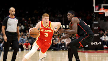 Jan 31, 2022; Atlanta, Georgia, USA; Atlanta Hawks guard Kevin Huerter (3) drives against Toronto Raptors forward Pascal Siakam (43) during the second half at State Farm Arena. Mandatory Credit: Jason Getz-USA TODAY Sports