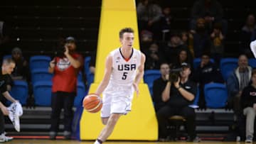 SANTA CRUZ, CA - FEBRUARY 26: David Stockton #5 of USA handles the ball against Puerto Rico on February 26, 2018 at Kaiser Permanente Arena in Santa Cruz, California. Copyright 2018 NBAE (Photo by Noah Graham/NBAE via Getty Images)