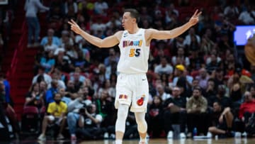 Duncan Robinson #55 of the Miami Heat reacts against the Charlotte Hornets(Photo by Lauren Sopourn/Getty Images)