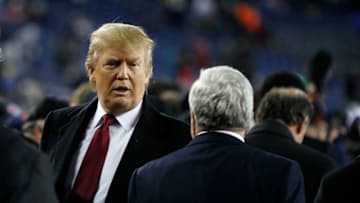 FOXBORO, MA - DECEMBER 06: Real estate tycoon Donald Trump talks with Patriots' team owner RObert Kraft on the sidelines as of the New England Patriots and the New York Jets warm up prior to their game at Gillette Stadium on December 6, 2010 in Foxboro, Massachusetts. (Photo by Jim Rogash/Getty Images)