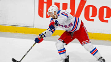 ST. PAUL, MN - MARCH 16: Kevin Shattenkirk #22 of the New York Rangers takes a shot on goal during a game with the Minnesota Wild at Xcel Energy Center on March 16, 2019 in St. Paul, Minnesota.(Photo by Bruce Kluckhohn/NHLI via Getty Images)