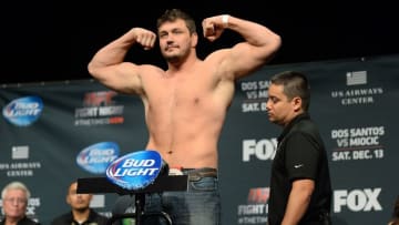 Dec 12, 2014; Phoenix, AZ, USA; Matt Mitrione weighs in for his bout against Gabriel Gonzaga (not pictured) during weigh-ins for UFC Fight Night at Phoenix Convention Center. Mandatory Credit: Joe Camporeale-USA TODAY Sports