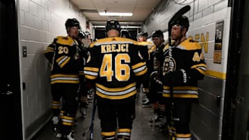 BOSTON, MA - NOVEMBER 23: David Krejci #46 of the Boston Bruins walks to the ice before the game against the Minnesota Wild at the TD Garden on November 23, 2019 in Boston, Massachusetts. (Photo by Brian Babineau/NHLI via Getty Images)