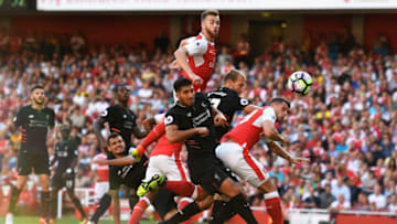 LONDON, ENGLAND - AUGUST 14: Calum Chambers of Arsenal scores his team's third goal during the Premier League match between Arsenal and Liverpool at Emirates Stadium on August 14, 2016 in London, England. (Photo by Mike Hewitt/Getty Images)