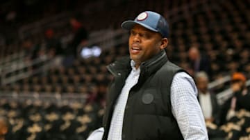 Feb 20, 2020; Atlanta, Georgia, USA; Former NBA player Nick Van Exel on the court before a game between the Miami Heat and Atlanta Hawks at State Farm Arena. Mandatory Credit: Brett Davis-USA TODAY Sports
