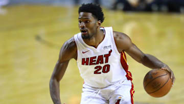 MEXICO CITY, MEXICO - DECEMBER 09: Justice Winslow of Miami Heat handles the ball during the NBA game between the Brooklyn Nets and Miami Heat at Arena Ciudad de Mexico on December 9, 2017 in Mexico City, Mexico. (Photo by Hector Vivas/Getty Images)