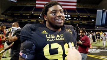 Jan 5, 2013; San Antonio, TX, USA; East defensive lineman Kenny Bigelow (98) talks to reporters after the U.S. Army All-American Bowl high school football game at the Alamodome. The East won 15-8. Mandatory Credit: Soobum Im-USA TODAY Sports