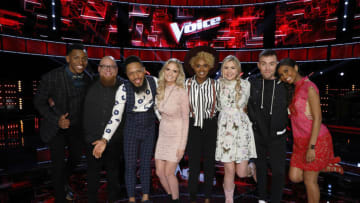 THE VOICE -- "Live Top 10" Episode: 1217B -- Pictured: (l-r) Chris Blue, Jesse Larson, TSoul, Lauren Duski, Vanessa Ferguson, Brennley Brown, Hunter Plake, Aliyah Moulden -- (Photo by: Trae Patton/NBC)