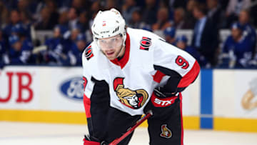 TORONTO, ON - OCTOBER 02: Bobby Ryan #9 of the Ottawa Senators prepares for a face off during an NHL game against the Toronto Maple Leafs at Scotiabank Arena on October 2, 2019 in Toronto, Canada. (Photo by Vaughn Ridley/Getty Images)