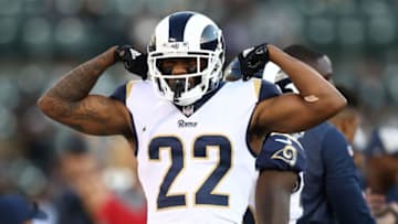 OAKLAND, CA - SEPTEMBER 10: Marcus Peters #22 of the Los Angeles Rams warms up prior to their game against the Oakland Raiders at Oakland-Alameda County Coliseum on September 10, 2018 in Oakland, California. (Photo by Ezra Shaw/Getty Images)