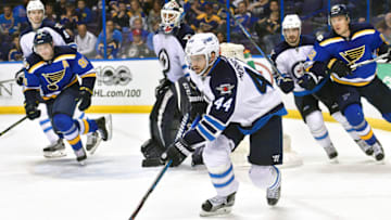 ST. LOUIS, MO. - APRIL 04: Winnipeg Jets defenseman Josh Morrissey (44) with the puck during an NHL game between the Winnipeg Jets and the St. Louis Blues on April 04, 2017, at the Scottrade Center in St. Louis, MO. The Jets won, 5-2. (Photo by Keith Gillett/Icon Sportswire via Getty Images)