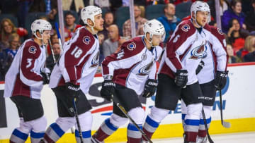 Mar 18, 2016; Calgary, Alberta, CAN; Colorado Avalanche center Carl Soderberg (34) celebrates his goal with teammates against the Calgary Flames during the third period at Scotiabank Saddledome. Colorado Avalanche won 4-3. Mandatory Credit: Sergei Belski-USA TODAY Sports