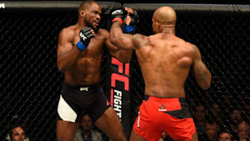 LONDON, ENGLAND - MARCH 18: (R-L) Jimi Manuwa of England punches Corey Anderson in their light heavyweight fight during the UFC Fight Night event at The O2 arena on March 18, 2017 in London, England. (Photo by Josh Hedges/Zuffa LLC/Zuffa LLC via Getty Images)