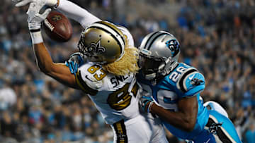 CHARLOTTE, NC - NOVEMBER 17: Daryl Worley No. 26 of the Carolina Panthers breaks up a pass intended for Willie Snead No. 83 of the New Orleans Saints at Bank of America Stadium on November 17, 2016 in Charlotte, North Carolina. (Photo by Mike Comer/Getty Images)