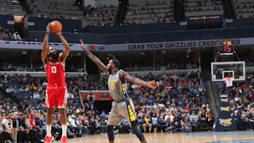 MEMPHIS, TN - DECEMBER 15: James Harden #13 of the Houston Rockets shoots the ball against the Memphis Grizzlies on December 15, 2018 at FedExForum in Memphis, Tennessee. NOTE TO USER: User expressly acknowledges and agrees that, by downloading and or using this photograph, User is consenting to the terms and conditions of the Getty Images License Agreement. Mandatory Copyright Notice: Copyright 2018 NBAE (Photo by Joe Murphy/NBAE via Getty Images)