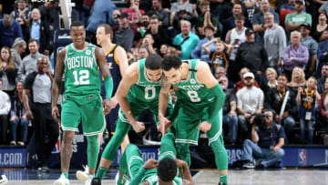 SALT LAKE CITY, UT - MARCH 28: Jaylen Brown #7, Shane Larkin #8, and Jayson Tatum #0 of the Boston Celtics react during the game against the Utah Jazz on March 28, 2018 at vivint.SmartHome Arena in Salt Lake City, Utah. NOTE TO USER: User expressly acknowledges and agrees that, by downloading and or using this Photograph, User is consenting to the terms and conditions of the Getty Images License Agreement. Mandatory Copyright Notice: Copyright 2018 NBAE (Photo by Melissa Majchrzak/NBAE via Getty Images)