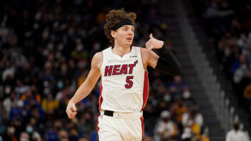 Miami Heat guard Kyle Guy (5) looks towards the team bench after making a basket(Cary Edmondson-USA TODAY Sports)