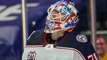 Feb 27, 2021; Nashville, Tennessee, USA; Columbus Blue Jackets goaltender Joonas Korpisalo (70) stands at goal against the Nashville Predators during the third period at Bridgestone Arena. Mandatory Credit: Steve Roberts-USA TODAY Sports