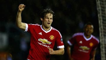 DERBY, ENGLAND - JANUARY 29: Daley Blind of Manchester United celebrates as he scores their second goal during the Emirates FA Cup fourth round match between Derby County and Manchester United at Pride Park Stadium on January 29, 2016 in Derby, England. (Photo by Clive Mason/Getty Images)
