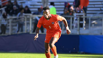 Dec 12, 2021; Cary, NC, USA; Clemson defender Hamady Diop (5) with the ball in the first half at WakeMed Soccer Park. Mandatory Credit: Bob Donnan-USA TODAY Sports
