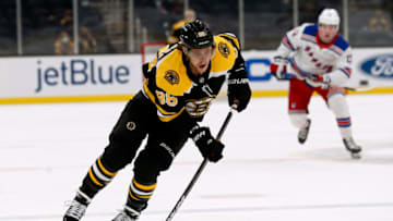 May 6, 2021; Boston, Massachusetts, USA; Boston Bruins right wing David Pastrnak (88) skates into the offensive zone against the New York Rangers during the first period at TD Garden. Mandatory Credit: Winslow Townson-USA TODAY Sports