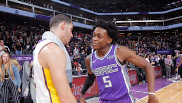 SACRAMENTO, CA - NOVEMBER 22: De'Aaron Fox #5 of the Sacramento Kings greets Lonzo Ball #2 of the Los Angeles Lakers after the game on November 22, 2017 at Golden 1 Center in Sacramento, California. NOTE TO USER: User expressly acknowledges and agrees that, by downloading and or using this photograph, User is consenting to the terms and conditions of the Getty Images Agreement. Mandatory Copyright Notice: Copyright 2017 NBAE (Photo by Rocky Widner/NBAE via Getty Images)