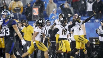 LEXINGTON, KY - OCTOBER 26: Joshuah Bledsoe #18 of the Missouri Tigers celebrates after recovering a fumble against the Kentucky Wildcats in the second half of the game at Kroger Field on October 26, 2019 in Lexington, Kentucky. (Photo by Joe Robbins/Getty Images)