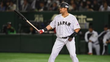 TOKYO, JAPAN - NOVEMBER 10: Outfielder Yoshitomo Tsutsugoh #25 of Japan at bat in the first inning during the international friendly match between Japan and Mexico at the Tokyo Dome on November 10, 2016 in Tokyo, Japan. (Photo by Masterpress/Getty Images)