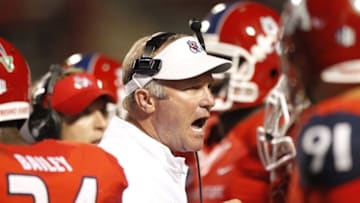 Oct 10, 2015; Fresno, CA, USA; Fresno State Bulldogs head coach Tim DeRuyter yells at players shortly after the Bulldogs threw an interception against the Utah State Aggies in the fourth quarter at Bulldog Stadium. The Aggies defeated the Bulldogs 56-14. Mandatory Credit: Cary Edmondson-USA TODAY Sports