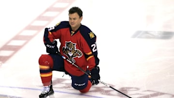 Mar 7, 2016; Sunrise, FL, USA; Florida Panthers left wing Jiri Hudler (24) before a game against the Boston Bruins at BB&T Center. Mandatory Credit: Robert Mayer-USA TODAY Sports