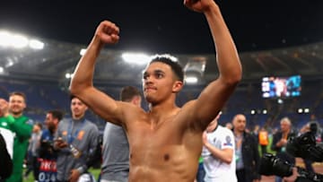 ROME, ITALY - MAY 02: Trent Alexander-Arnold of Liverpool celebrates after the full time whistle as Liverpool qualify for the Champions League Final during the UEFA Champions League Semi Final Second Leg match between A.S. Roma and Liverpool at Stadio Olimpico on May 2, 2018 in Rome, Italy. (Photo by Julian Finney/Getty Images)