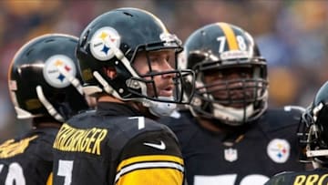 Nov 10, 2013; Pittsburgh, PA, USA; Pittsburgh Steelers quarterback Ben Roethlisberger (7) looks at the scoreboard during the fourth quarter of a game against the Buffalo Bills at Heinz Field. Pittsburgh won the game 23-10. Mandatory Credit: Mark Konezny-USA TODAY Sports
