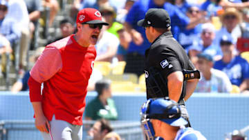 LOS ANGELES, CA - APRIL 17: Cincinnati Reds manager David Bell yells at home plate umpire during a MLB game between the Cincinnati Reds and the Los Angeles Dodgers on April 17, 2019 at Dodger Stadium in Los Angeles, CA. (Photo by Brian Rothmuller/Icon Sportswire via Getty Images)