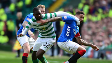 GLASGOW, SCOTLAND - MARCH 31: Odsonne Edouard of Celtic is challenged by James Tavernier of Rangers during the Ladbrokes Scottish Premiership match between Celtic and Rangers at Celtic Park on March 31, 2019 in Glasgow, Scotland. (Photo by Mark Runnacles/Getty Images)