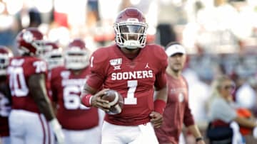 NORMAN, OK - SEPTEMBER 01: Quarterback Jalen Hurts #1 of the Oklahoma Sooners warms up before the game against the Houston Cougars at Gaylord Family Oklahoma Memorial Stadium on September 1, 2019 in Norman, Oklahoma. The Sooners defeated the Cougars 49-31. (Photo by Brett Deering/Getty Images)